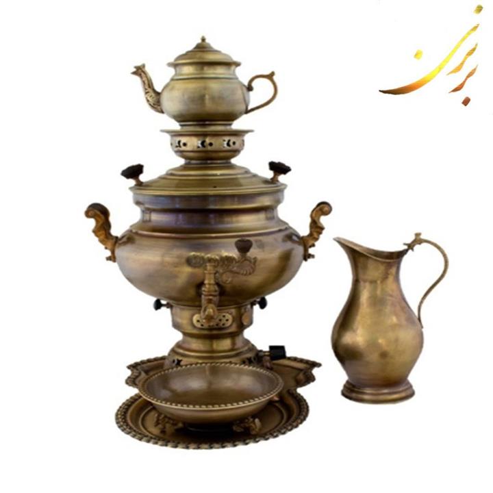 سماور برنجی شش لیتری ذغالی آنتیک همراه با سرویس کد 70649
